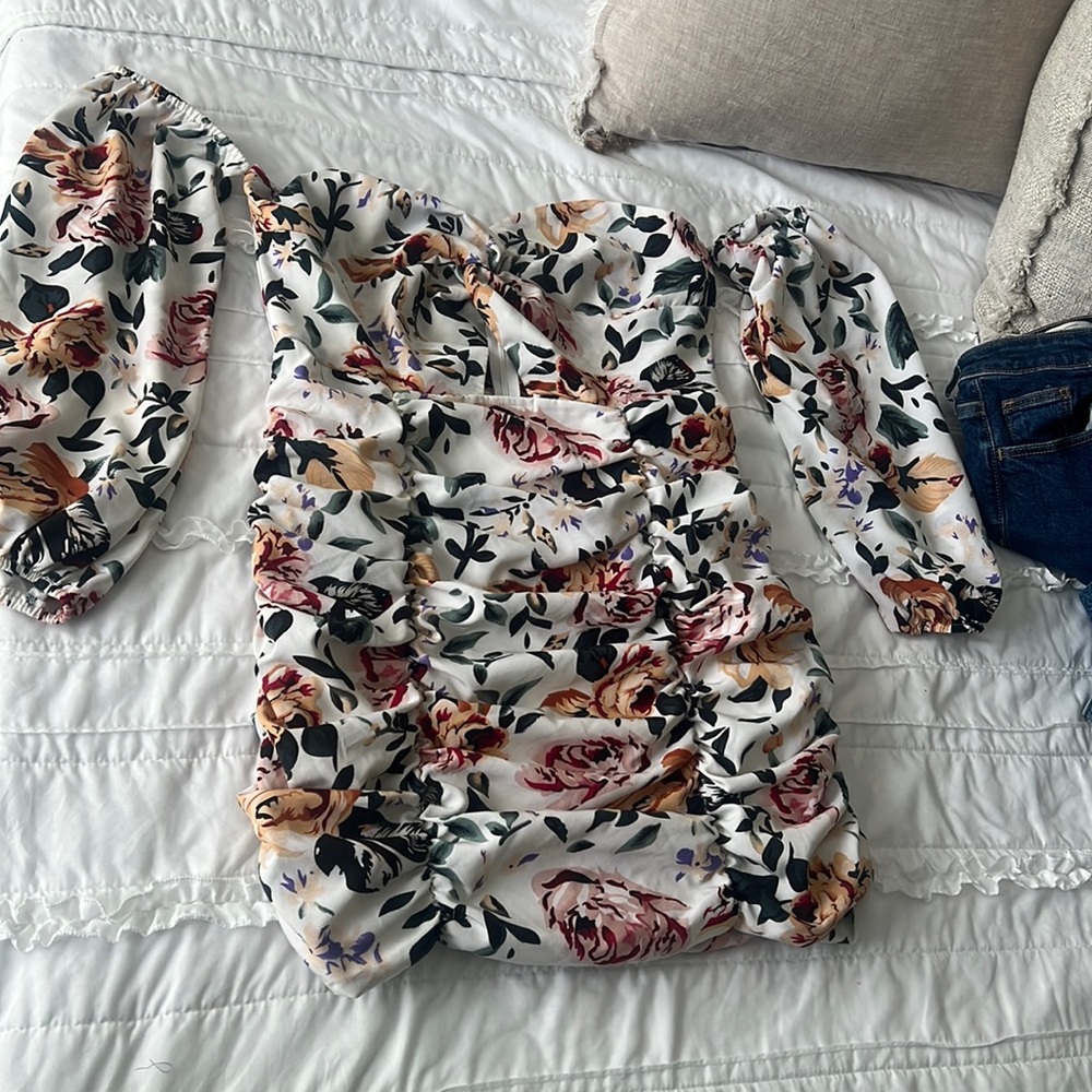 Floral off the shoulder ruched mini dress